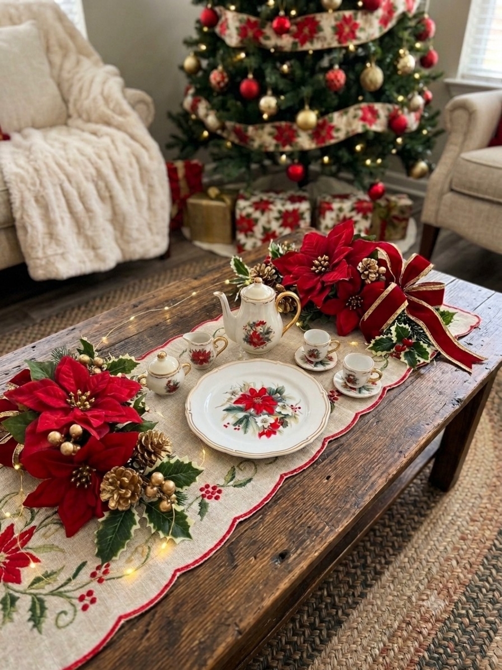 10 Pc Porcelain Christmas Poinsettia Tea Set: Teapot Lid, Creamer, Sugar, Cups